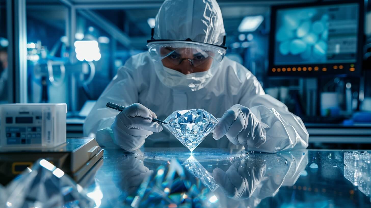 lab technician in a cleanroom suit carefully examining a large CVD diamond